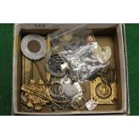 A BOX OF ASSORTED JEWELLERY AND BADGES TO INCLUDE SILVER EXAMPLES