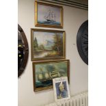 THREE FRAMED OILS TO INCLUDE TWO OF SAILING SHIPS AT SEA TOGETHER WITH A BOOK OF VAN GOGH PRINTS