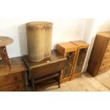 A PAIR OF MODERN CD RACKS, TOGETHER WITH A LLOYD LOOM STYLE BLANKET BOX, AND AN OAK DROP LEAF