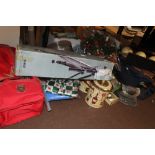 A QUANTITY OF ASSORTED SUNDRIES TO INCLUDE A CAMERA TRIPOD, LUGGAGE, ETC