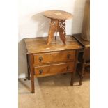 AN OAK TWO DRAWER CABINET TOGETHER WITH A CARVEN AND INLAID SIDE TABLE