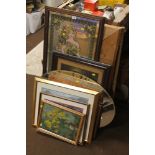 A QUANTITY OF ASSORTED PICTURES PRINTS AND MIRRORS TO INCLUDE AN ART NOUVEAU STYLE MIRROR OF A LADY,