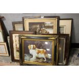 TWO VINTAGE FRAMED AND GLAZED FARMHOUSE STYLE PRINTS DEPICTING A COW AND A SPANIEL TOGETHER WITH A