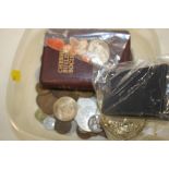 A BOX OF ASSORTED COINAGE, LOOSE CAMEOS AND COSTUME JEWELLERY