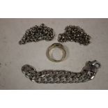 A GENTS SILVER BRACELET, TWO BELCHER CHAINS AND A RING