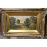J MORRIS (XIX). Driving cattle in a country landscape, signed lower left, oil on canvas, gilt