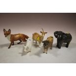 FIVE BESWICK ANIMALS CONSISTING OF A GOAT, FOX, PIG, ELEPHANT AND A JERSEY 'NEWTON TINKLE' COW A/F