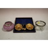 TWO HALLMARKED SILVER RIMMED VASES TOGETHER WITH A CASED GILDED SALTS AND SPOONS AND SPOONS