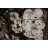 TWO TRAYS OF ROYAL CROWN DERBY 'DERBY POSIES' TEAWARE TO INCLUDE TEAPOTS, JUGS, CUPS & SAUCERS ETC