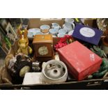 A TRAY OF ASSORTED SUNDRIES TO INCLUDE BOXED ROYAL DOULTON TUMBLERS, WEATHER STATION ETC
