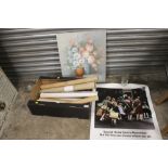 A QUANTITY OF ASSORTED POSTERS TO INCLUDE RAILWAY INTEREST AND A FLORAL OIL ON CANVAS