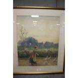 WALTERS (XIX-XX). A girl with geese, signed lower left, watercolour, gilt framed and glazed, 50 x 40