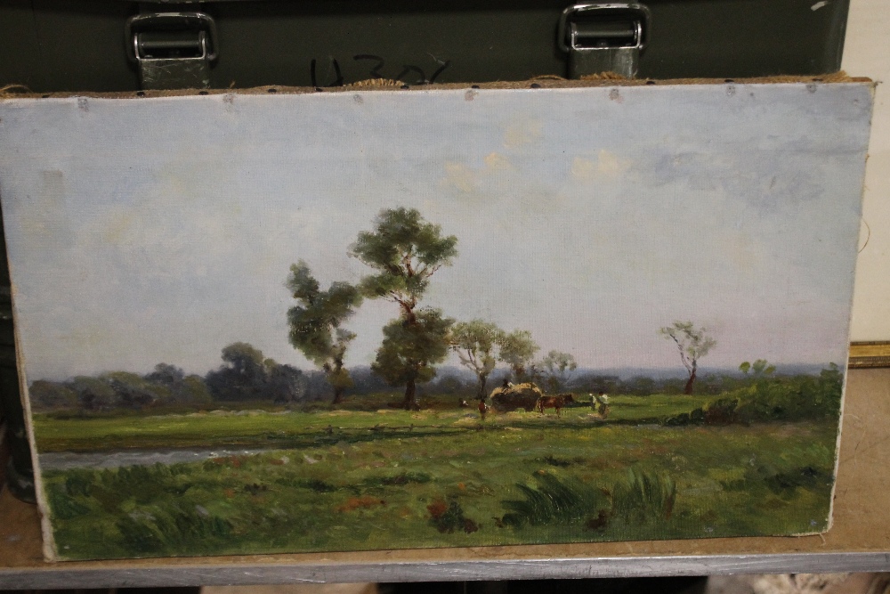 ATTRIBUTED TO KERSHAW SCHOFIELD (1872-1941). Country landscape with figures harvesting, signed