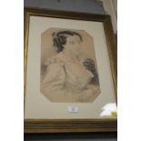 A 19TH CENTURY PENCIL PORTRAIT OF A LADY WITH A DOG SIGNED W. J. WARD