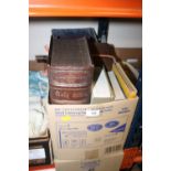 A BOX OF VINTAGE BOOKS TO INCLUDE A LARGE LEATHER BOUND BIBLE