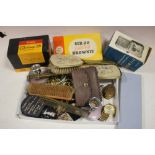 A BOX OF COSTUME JEWELLERY AND COLLECTABLES TO INCLUDE VINTAGE CAMERAS ETC