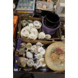 TWO TRAYS OF CERAMICS AND CHINA TO INCLUDE WEDGWOOD QUEENSWARE, COMMEMORATIVE WARE ETC