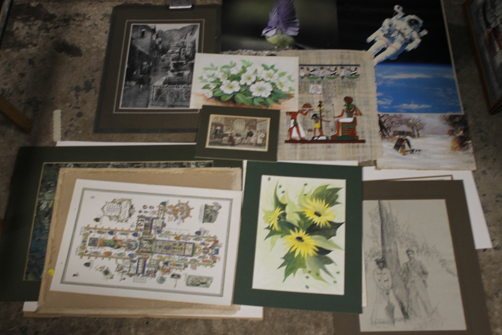 A COLLECTION OF ASSORTED LOOSE PICTURES AND PRINTS TO INCLUDE A PENCIL SKETCH, WATERCOLOUR ETC