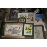 A COLLECTION OF ASSORTED LOOSE PICTURES AND PRINTS TO INCLUDE A PENCIL SKETCH, WATERCOLOUR ETC