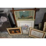 A PAIR OF 1930'S LITHOGRAPHS DEPICTING GREEK SCENES TOGETHER WITH A FLORAL JEMISE BATES PICTURE ETC