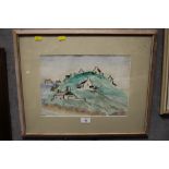 A ROHENA COLLINS WATERCOLOUR DEPICTING A WELSH MOUNTAIN VILLAGE SCENE SIGNED AND DATED 6/43