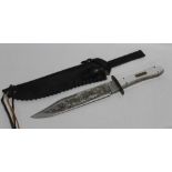 A BOWIE STYLE KNIFE, with mother-of-pearl effect grip, blade etched with fighting stag, L 34 cm