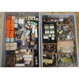 A LARGE COLLECTION OF ELECTRONIC COMPONENTS, including vintage resistors, capacitors, coils, transf