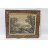 A FRAMED AND GLAZED ENGRAVING DEPICTING A LANDSCAPE SCENE, IN DECORATIVE WOODEN FRAME