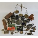 A BOX OF ASSORTED METALWARE, to include tankards, clippers, oil cans etc.