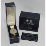 A MAPPIN & WEBB 9CT GOLD GENTS WRIST WATCH, with date aperture, battery operated, with later expand