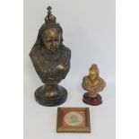 A REPRODUCTION BRONZE BUST OF QUEEN VICTORIA - H 40 cm together with a framed 1897 Jubilee medal an