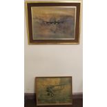 TWO FRAMED COULSON PRINTS, one of a World War II era bomber and the other of a World War I era Bi-p