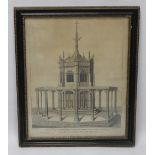 A FRAMED AND GLAZED 18th CENTURY ENGRAVING DEPICTING THE CROSS IN NORWICH MARKET PLACE