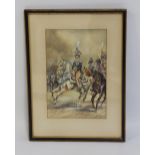 A FRAMED WATERCOLOUR OF PRUSSIAN HUSSARS ON HORSE BACK, 26 x 35 cm (inc. frame)