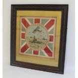 A FRAMED WWI ERA WOOLWORK depicting a submarine with bi-plane above on a Union Jack background, 69