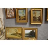 A PAIR OF GILT FRAMED OILS ON CANVAS SIGNED M GREEN TOGETHER WITH TWO OTHER LANDSCAPE OILS (4)