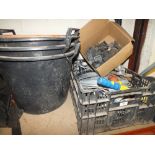 A TRAY OF CABLES, RATCHET ROPES ETC PLUS LARGE BUCKETS