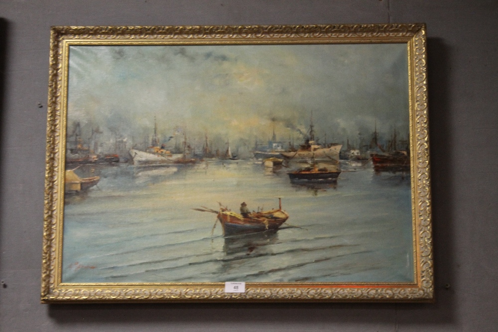 A LARGE FRAMED OIL ON CANVAS DEPICTING AN ITALIAN STYLE HARBOUR SCENE SIGNED L MANONE;