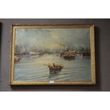 A LARGE FRAMED OIL ON CANVAS DEPICTING AN ITALIAN STYLE HARBOUR SCENE SIGNED L MANONE;