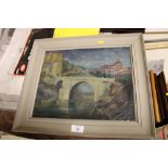 A VINTAGE OIL ON BOARD DEPICTING A BRIDGE BY JOHN WARD