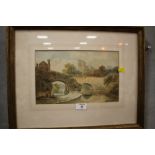 A VINTAGE FRAMED AND GLAZED WATERCOLOUR DEPICTING A BRIDGE SIGNED LOWER RIGHT