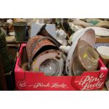 A TRAY OF VINTAGE ENAMEL LIGHT SHADES, FIRE BUCKET ETC.