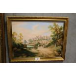 AN OIL ON BOARD ENTITLED KENILWORTH CASTLE IN 18TH CENTURY BY ELIZABETH M HALSTEAD