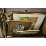 A BOX OF ASSORTED PICTURES AND FRAMES TO INCLUDE E. FITZCHARLES OIL, P. HUGHS WATERCOLOUR ETC.