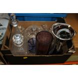 A SMALL BOX OF ASSORTED GLASSWARE TO INCLUDE CAITHNESS, CUT GLASS DECANTER ETC.