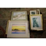 A TRAY OF ASSORTED WATERCOLOURS AND SIGNED PRINTS ETC. TO INCLUDE JEAN GOODWIN