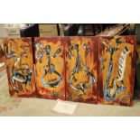 A SET OF FOUR MIXED MEDIA ON CANVASES BY MARK KAZAVCHINSKI DEPICTING JAZZ INSTRUMENTS WITH