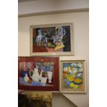 THREE M. P. LEVICK STILL LIFE OIL PAINTINGS TO INCLUDE A TEA SERVICE AND AN ABSTRACT EXAMPLE