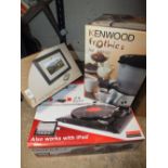 A VINYL CONVERSION TURNTABLE TOGETHER WITH A DIGITAL PHOTO FRAME AND A KENWOOD DRINKS MAKER