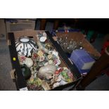 A TRAY OF ASSORTED CERAMICS TOGETHER WITH A TRAY OF GLASSWARE ETC